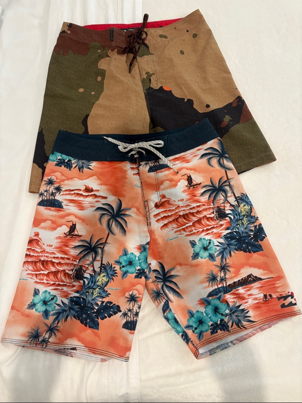 Hurley & Billabong board shorts camo print, tropical print size 28 lot of 2